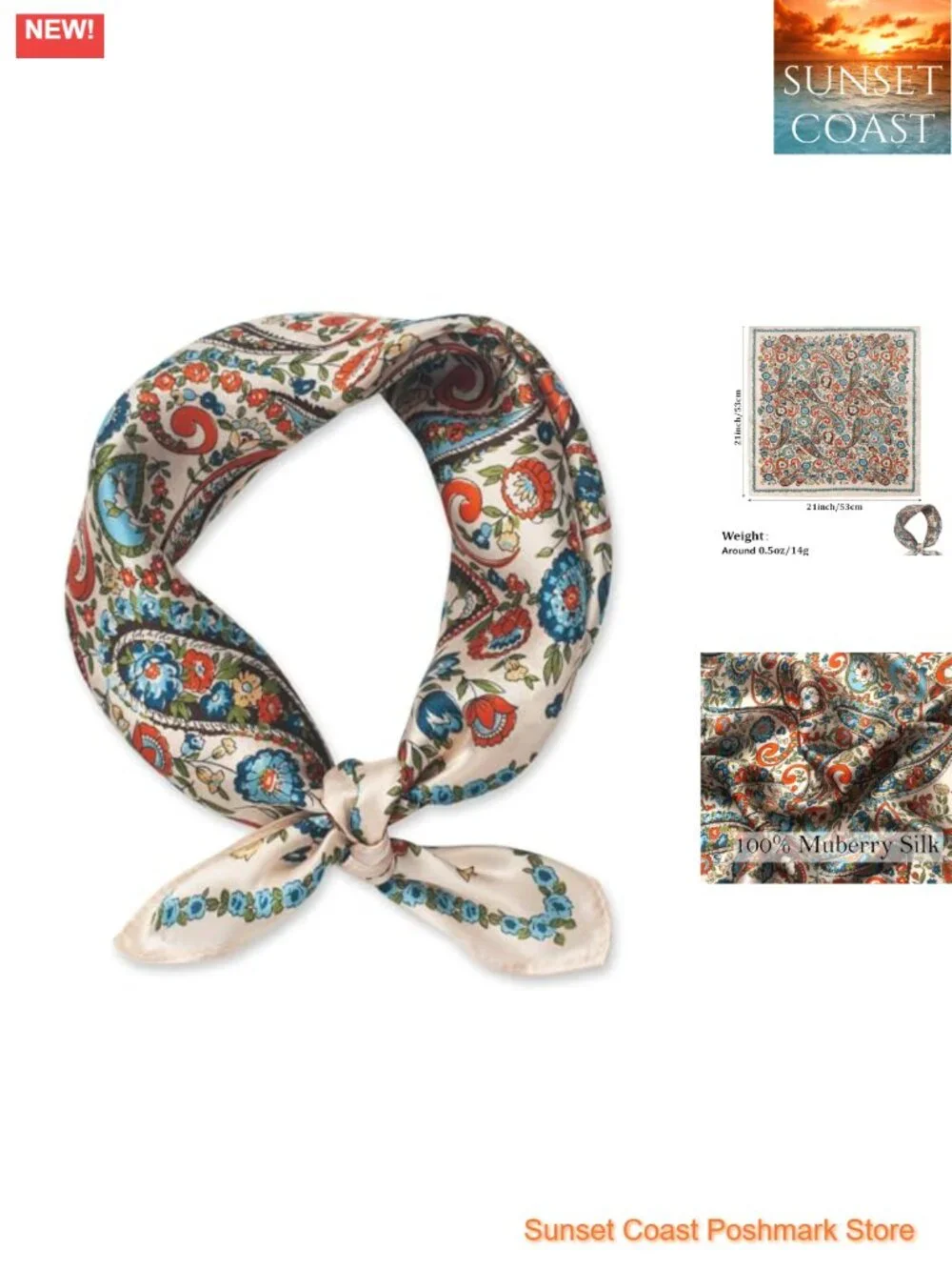 100% Mulberry Silk Scarf 21x21 Lightweight Neckerchief Digital Printed Headscarf